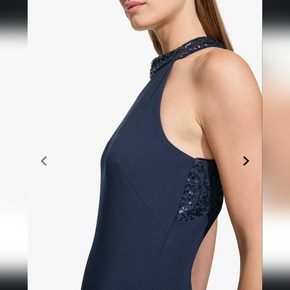 NWT Vince Camuto Sequined Embellished Halter Column Gown in Navy Size 4 - Picture 3 of 12
